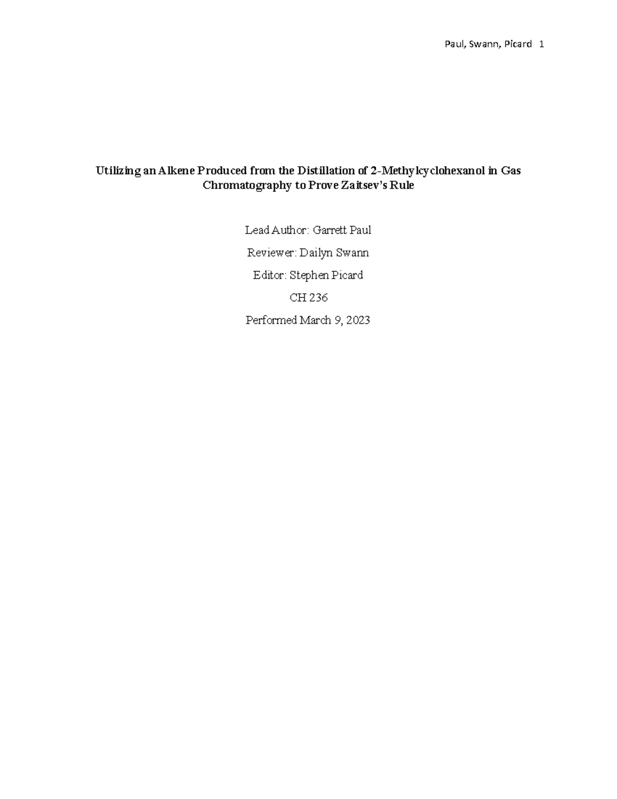 Gas Chromatography Lab Report Utilizing an Alkene Produced from the
