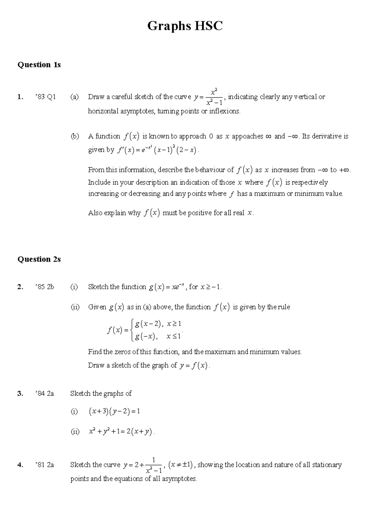 GRAPHING HSC compilement questions (3u/4u) - ####### - Studocu