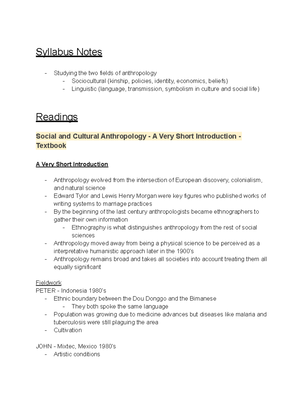 Week 1 - What Is Anthropology - Syllabus Notes Studying The Two Fields ...