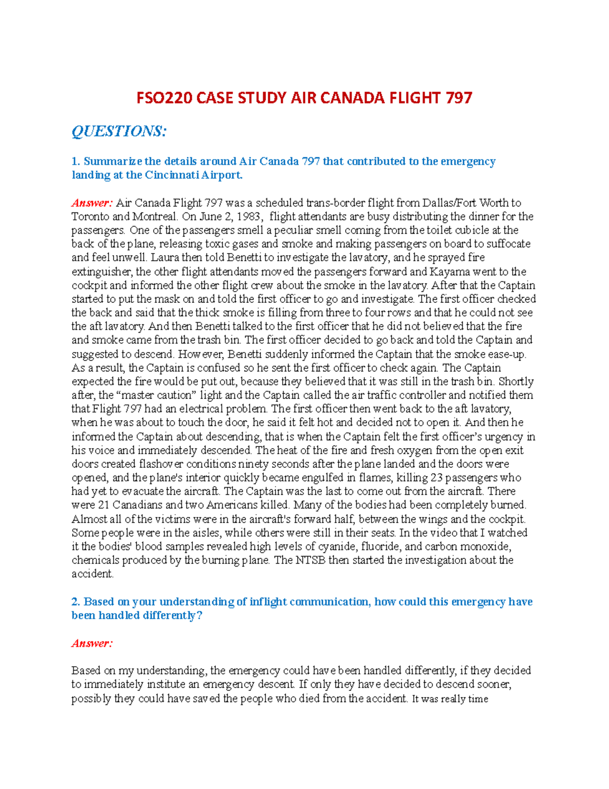 FSO220 CASE Study AIR Canada Flight 797 - FSO220 CASE STUDY AIR CANADA 