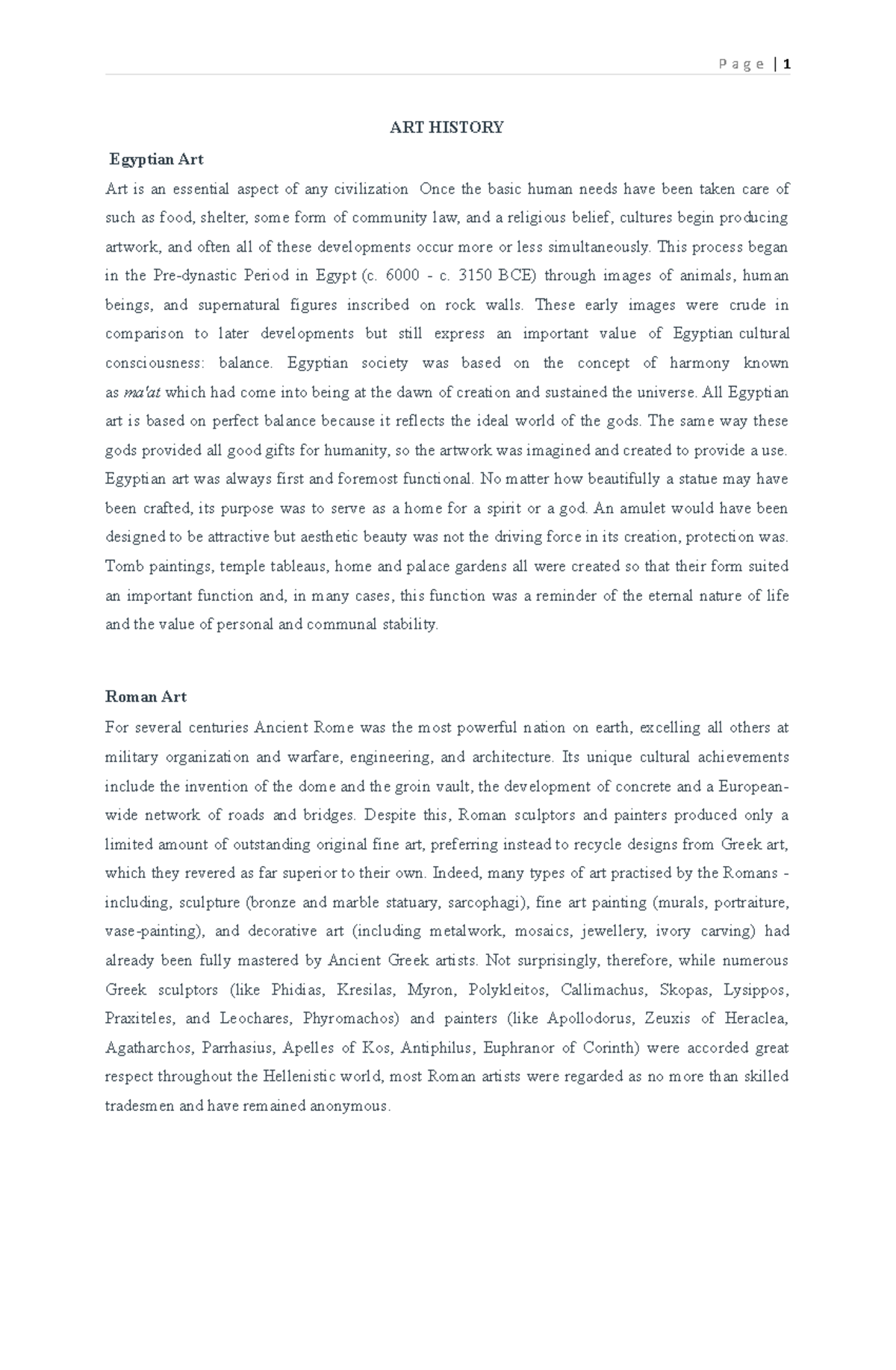 Notes. ART History - Egypt and ROME - P a g e | 1 ART HISTORY Egyptian ...