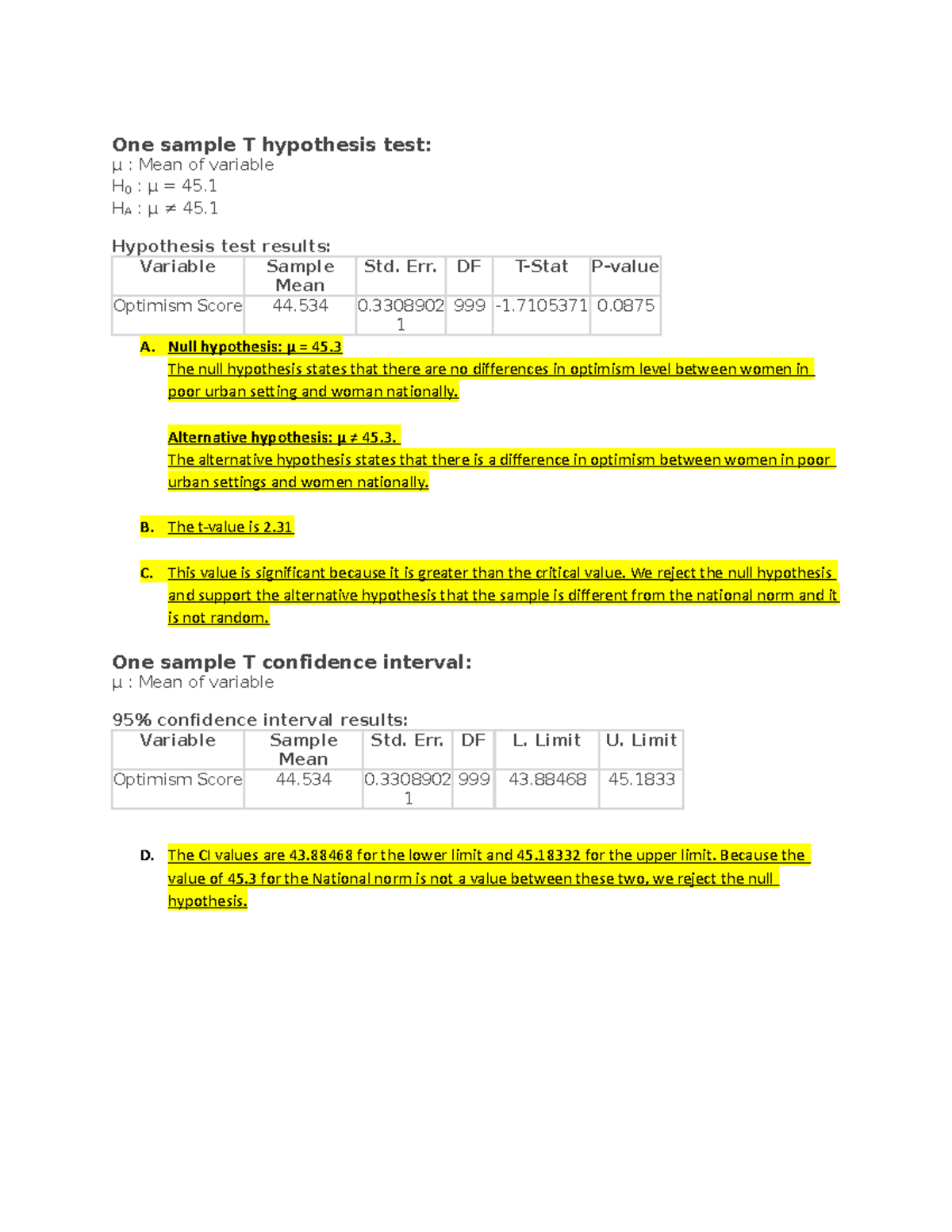 Week Two - Discussion 1 - One sample T hypothesis test: μ : Mean of ...