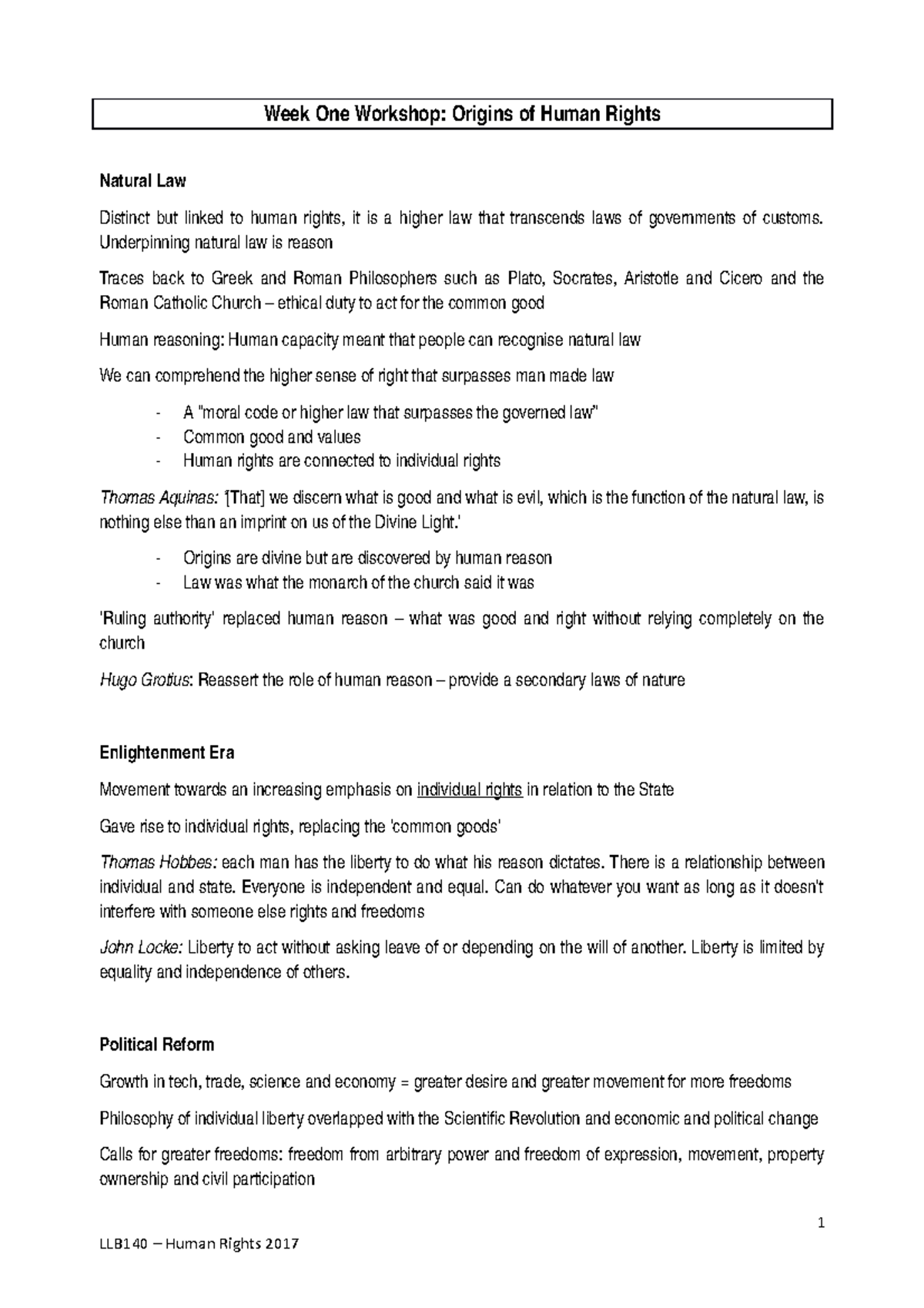 EXAM Notes - Summary Human Rights Law - Week One Workshop: Origins of ...
