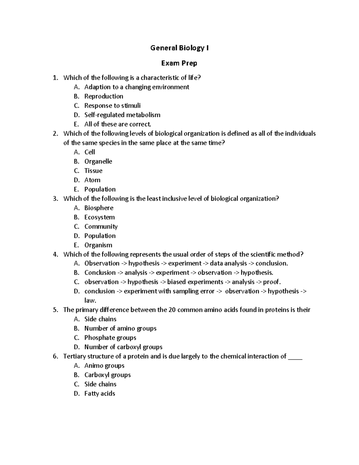 Practice Exam General Biology - General Biology I Exam Prep Which Of ...