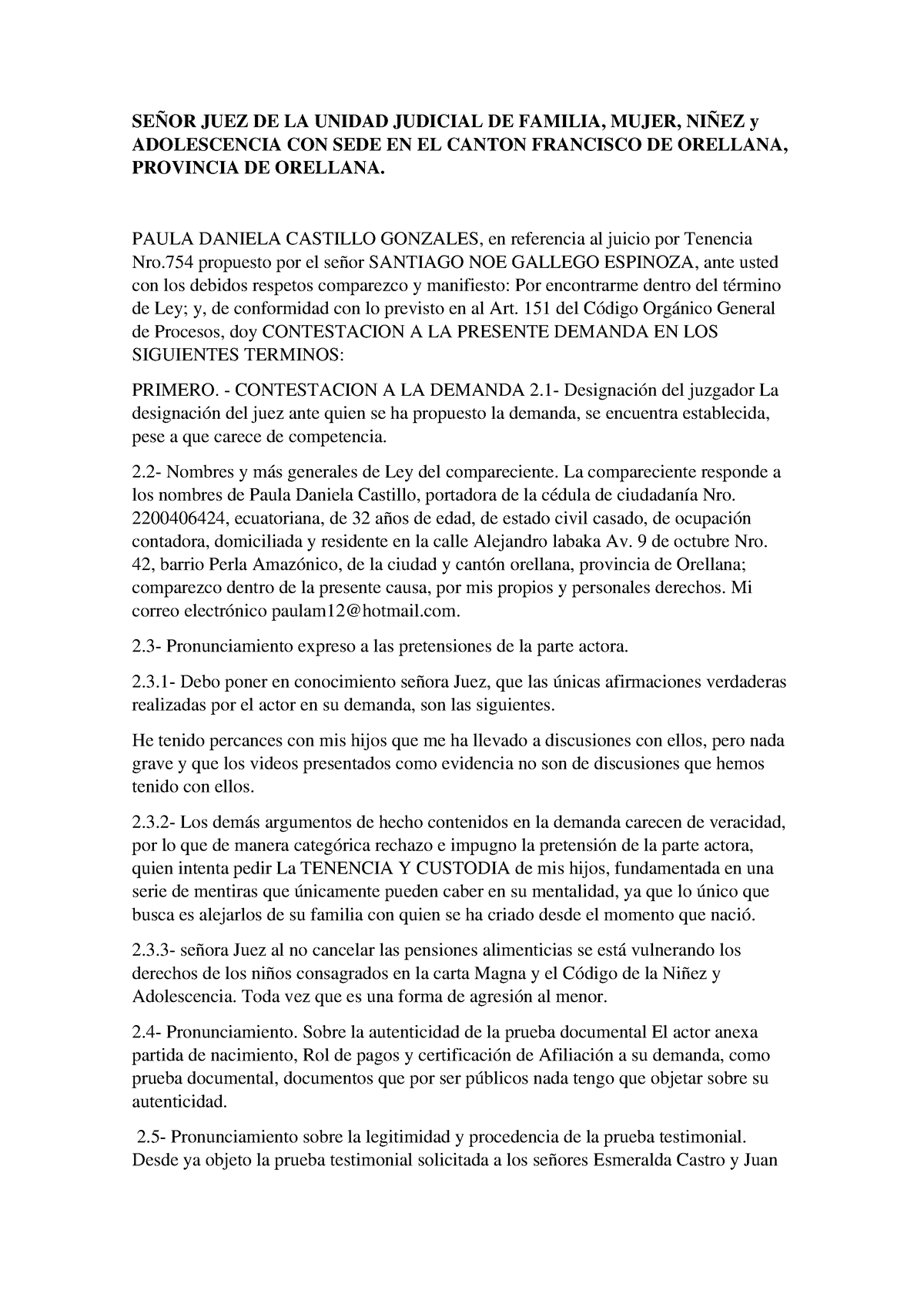 Contestacion A La Demanda De Tenencia SeÑor Juez De La Unidad Judicial De Familia Mujer 3102