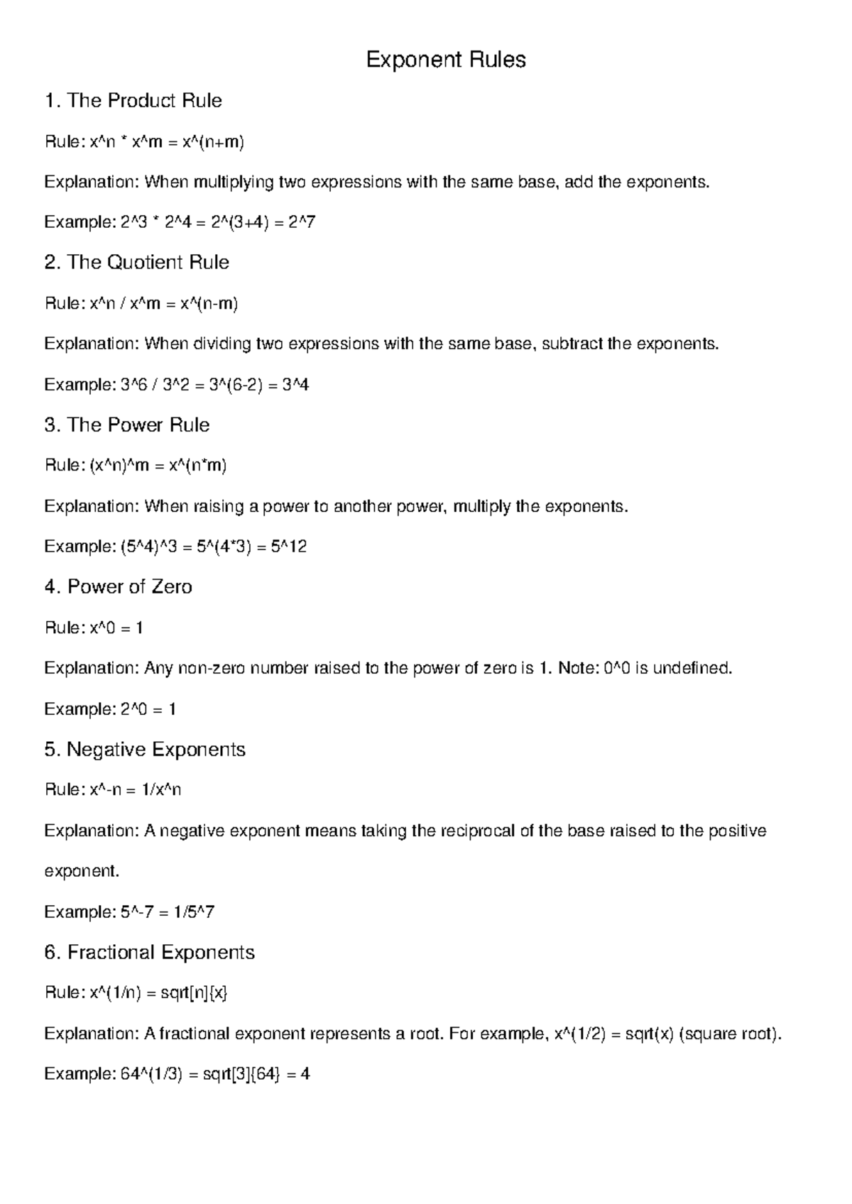 Exponent Rules - ehwy - Exponent Rules 1. The Product Rule Rule: x^n ...