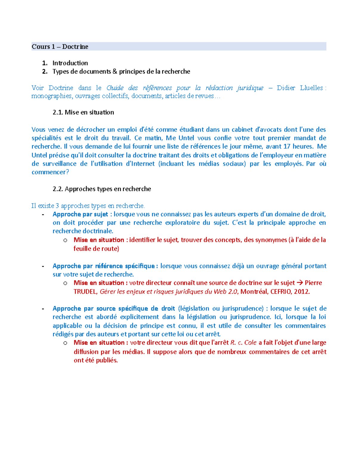 Notes - Cours 1 – Doctrine Introduction Types de documents & principes ...