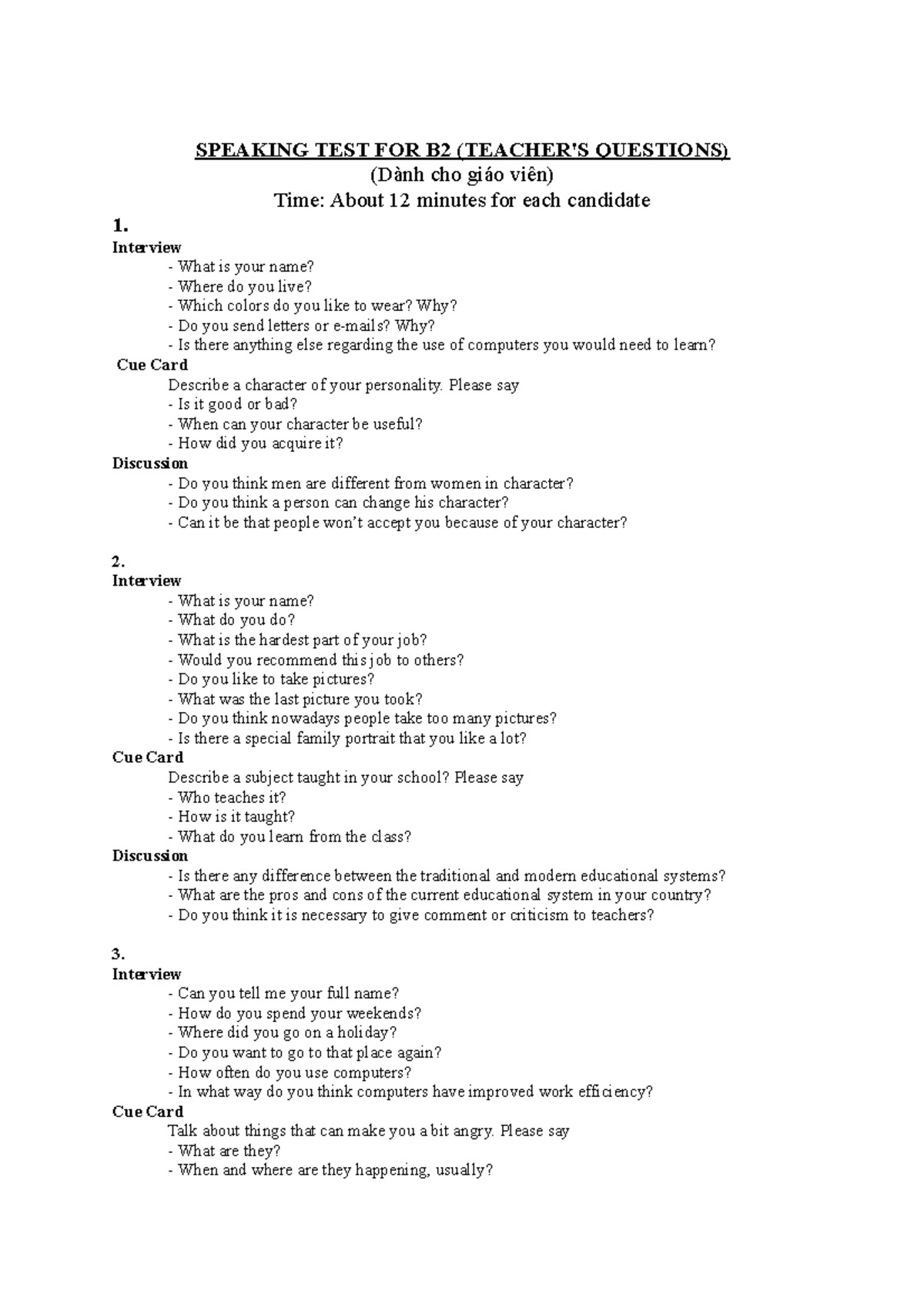 Tổng hợp đề thi nói B2 - abc - SPEAKING TEST FOR B2 (TEACHER'S ...