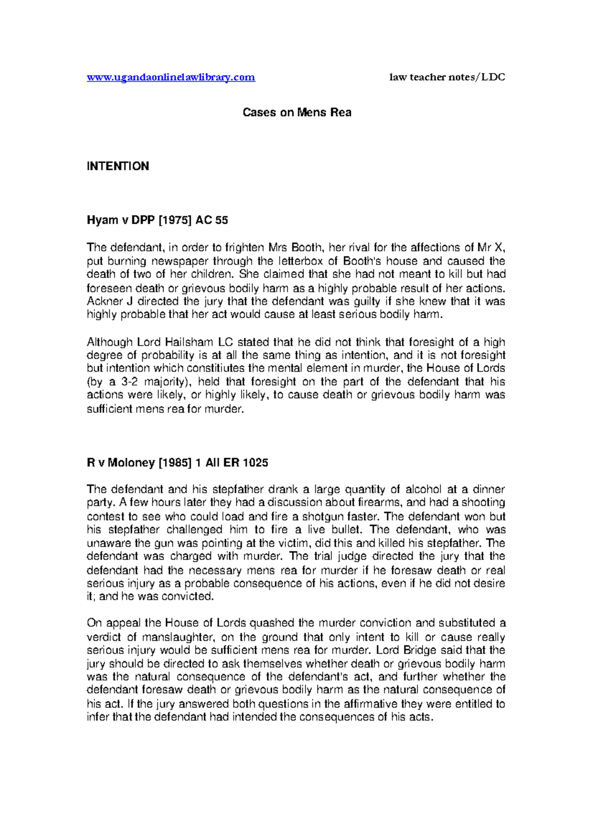 Cases on Mens Rea Criminal procedure Cases on Mens Rea INTENTION