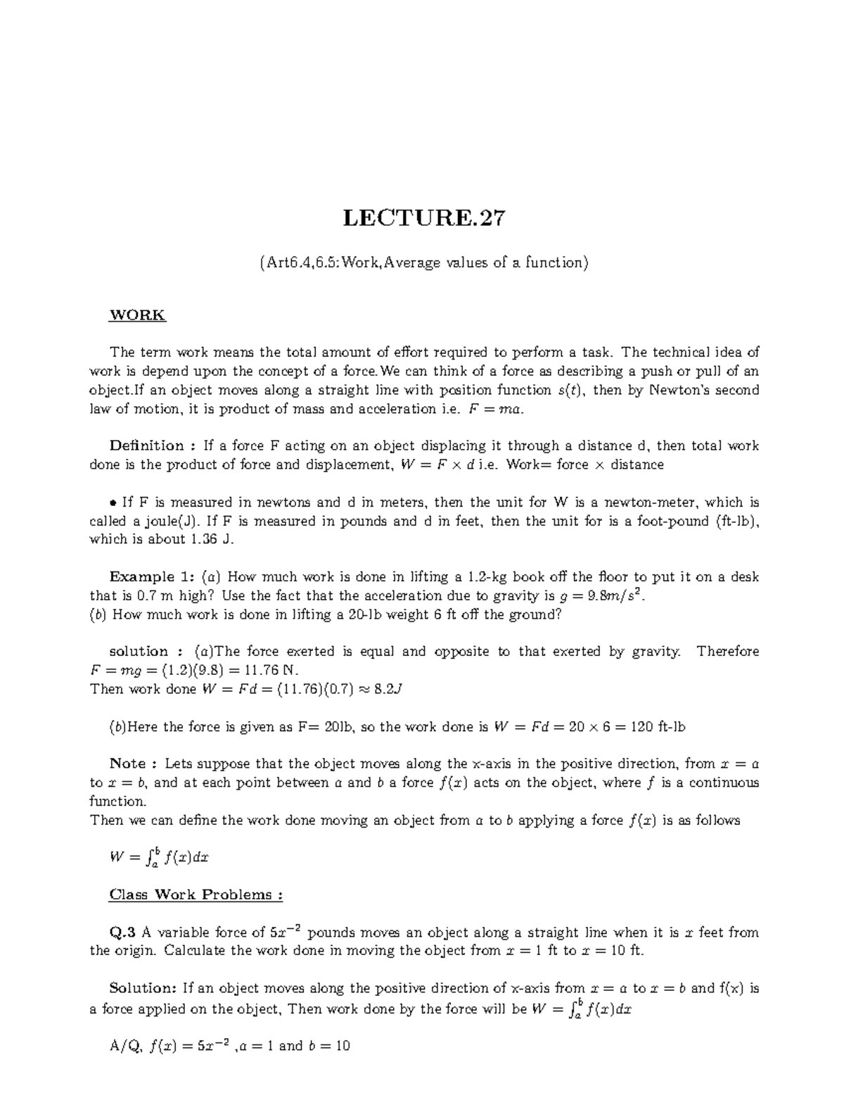 Lecture 27-notes - LECTURE. (Art6,6:Work,Average values of a function ...