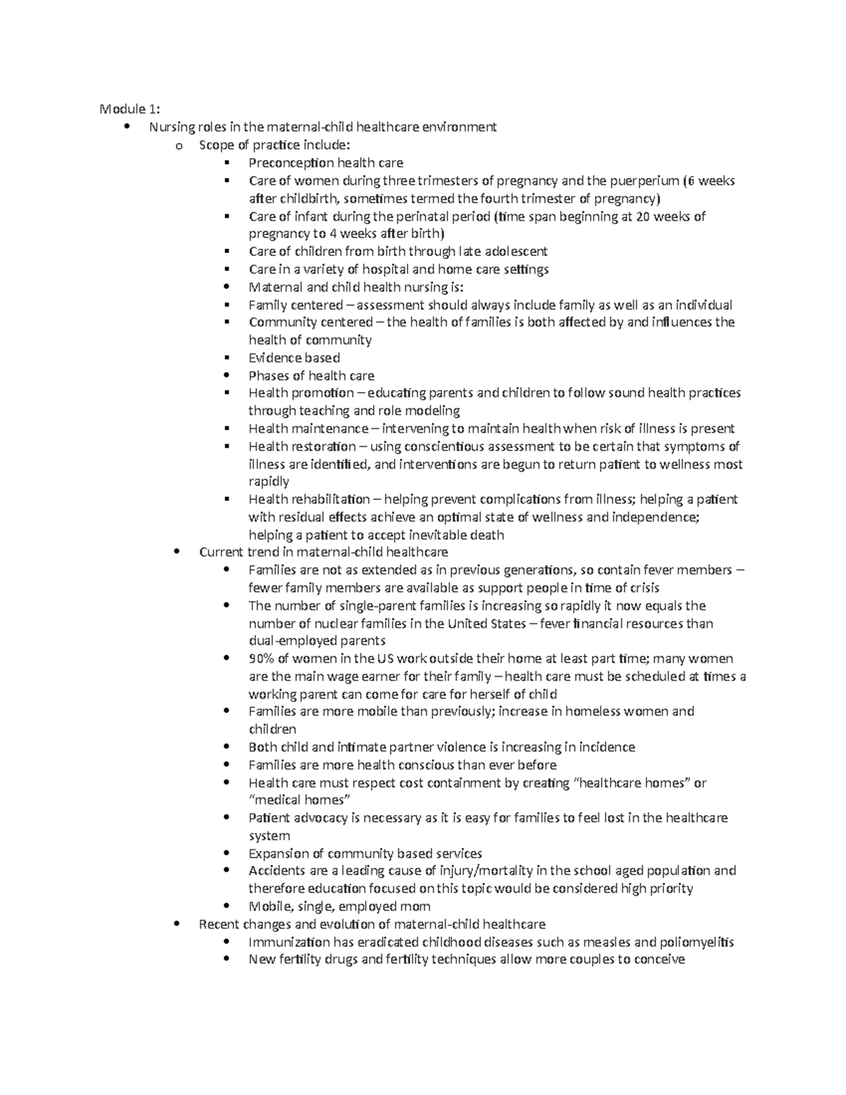 Maternal Child Exam1 Outline - Module 1: Nursing roles in the maternal ...
