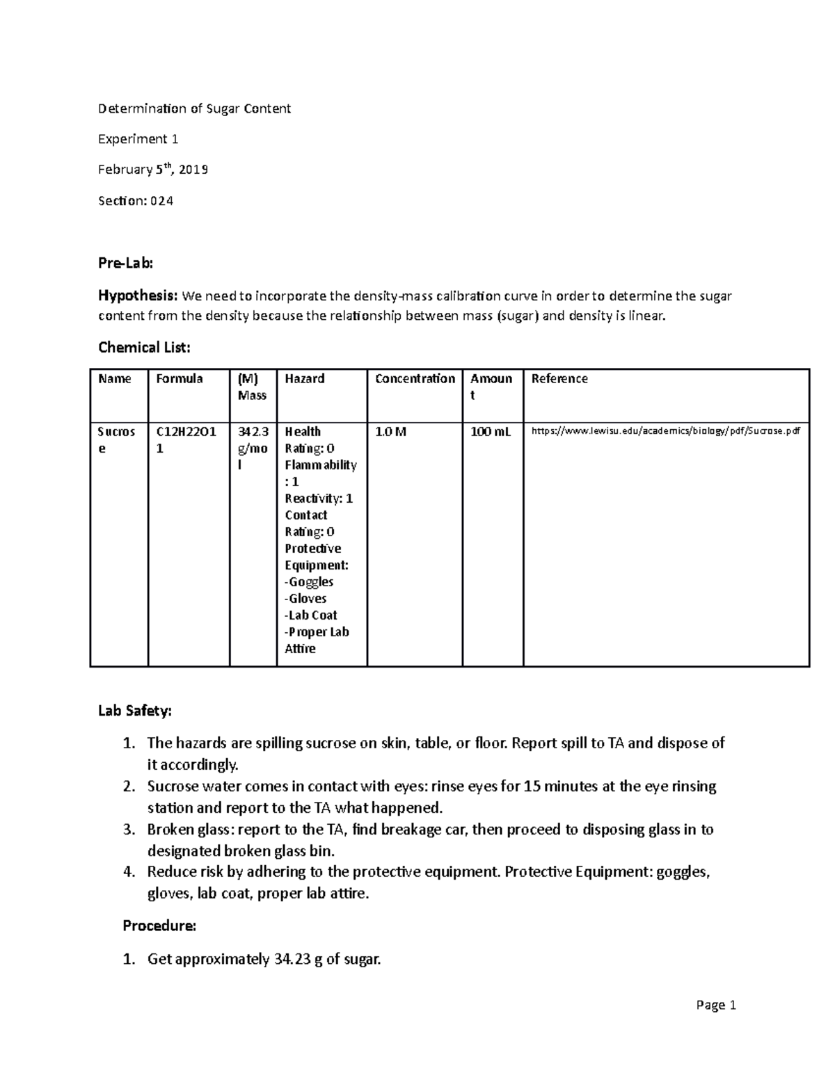 Pre-Lab Exp 1 - LAB - Determination of Sugar Content Experiment 1 ...