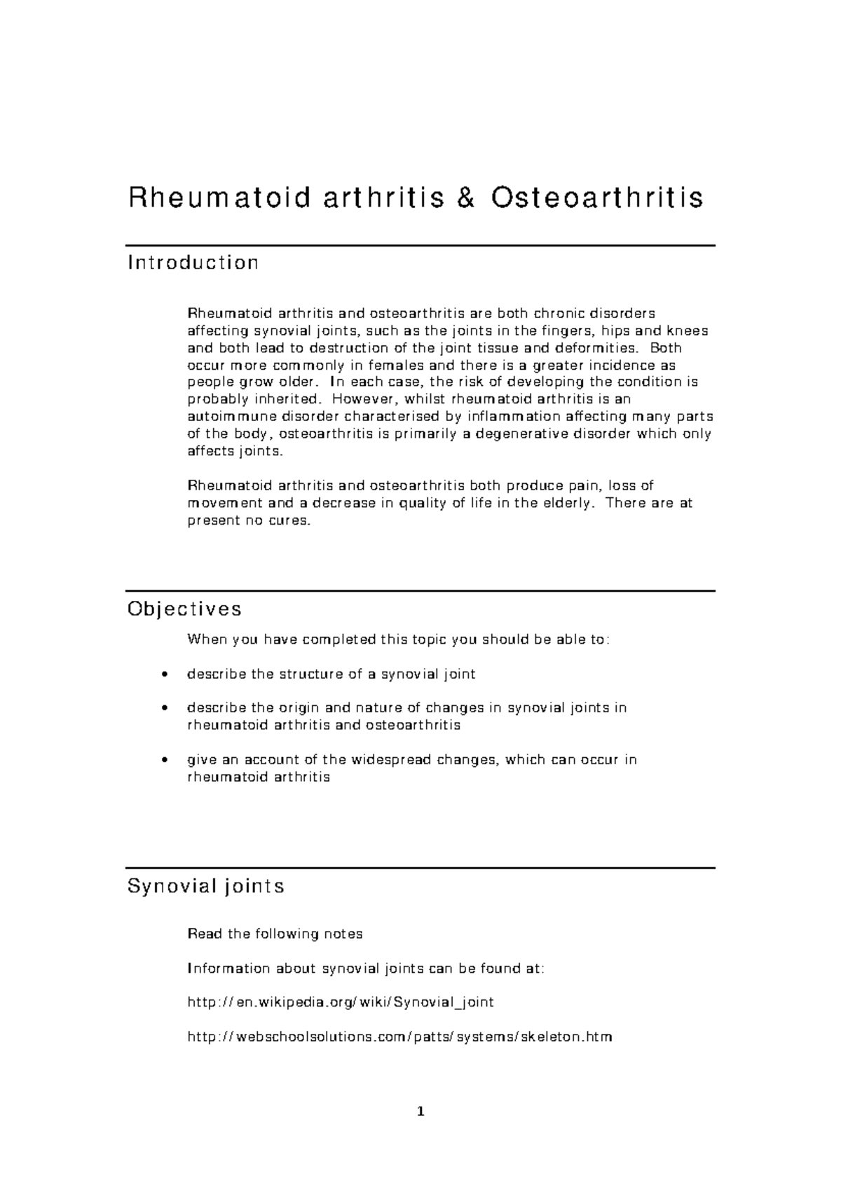 Week 9 Notes Rheumatoid arthritis and osteoarthritis - Rheumatoid ...
