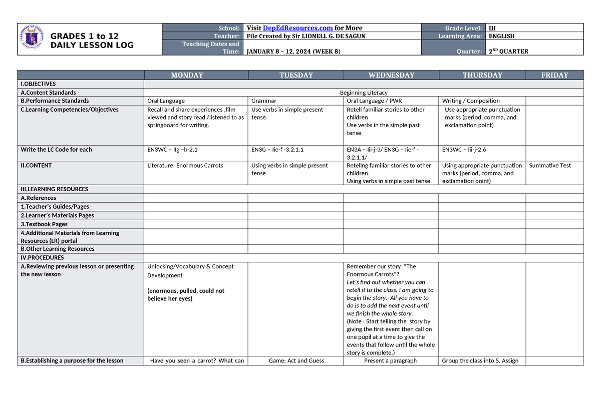 DLL English 3 Q2 W8 - jwedhiuwajefndje - GRADES 1 to 12 DAILY LESSON ...