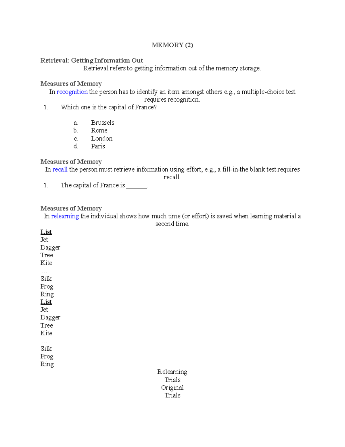 CH.6.2 Lecture Notes - MEMORY (2) Retrieval: Getting Information Out ...