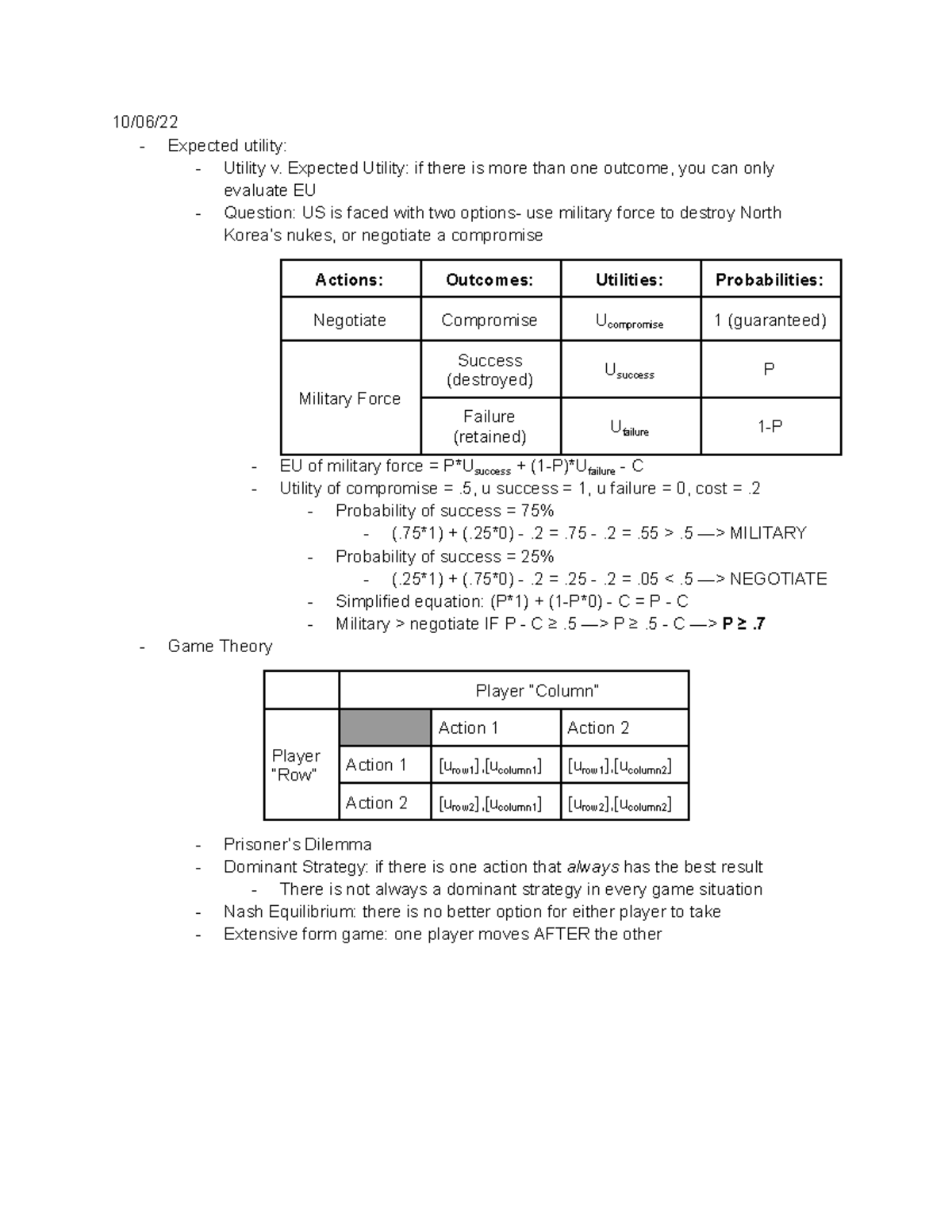 10622 Recitation Notes Expected Utility and Simple Form Game Theory