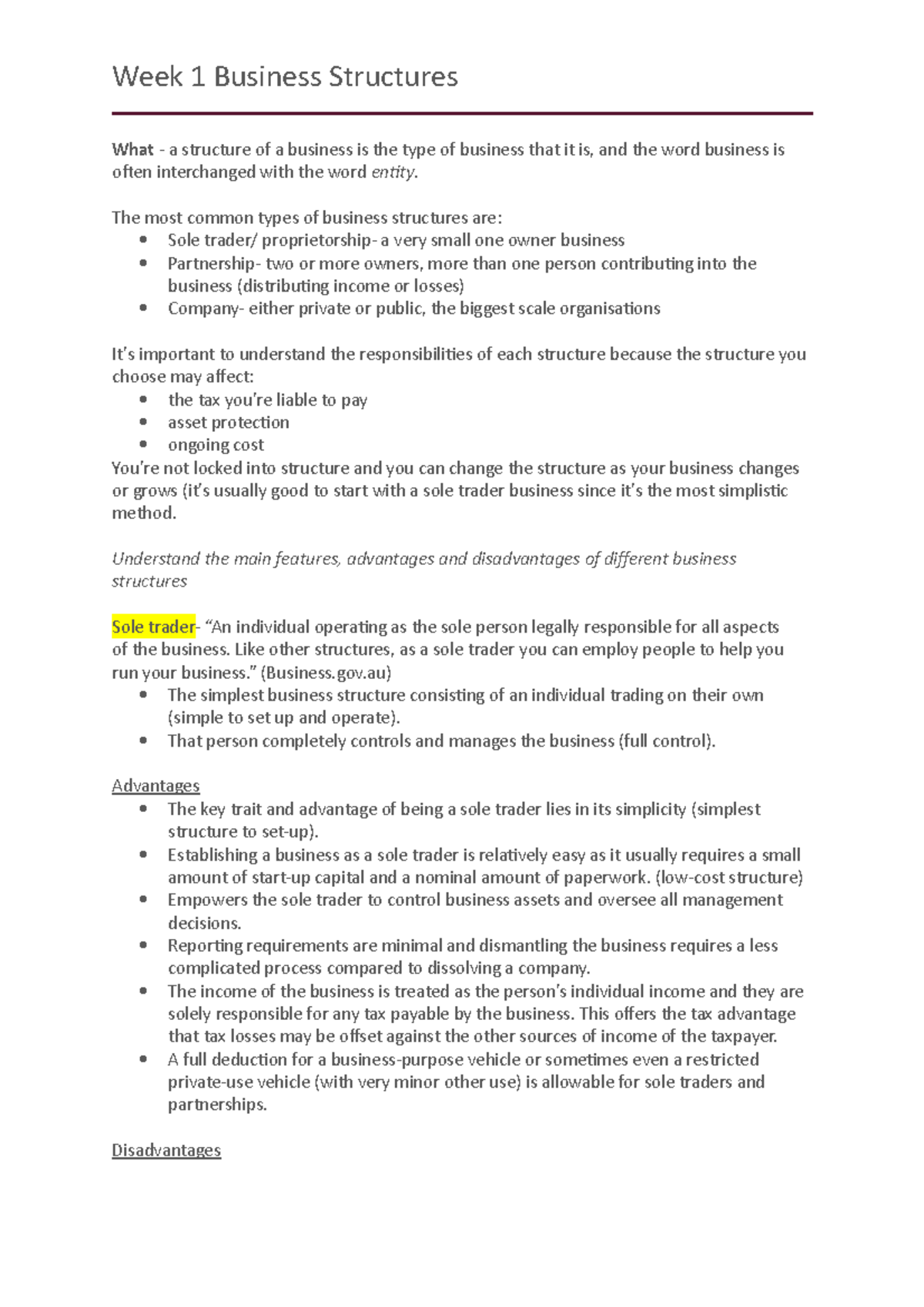 Week 1 Business Structures - Week 1 Business Structures What - a ...