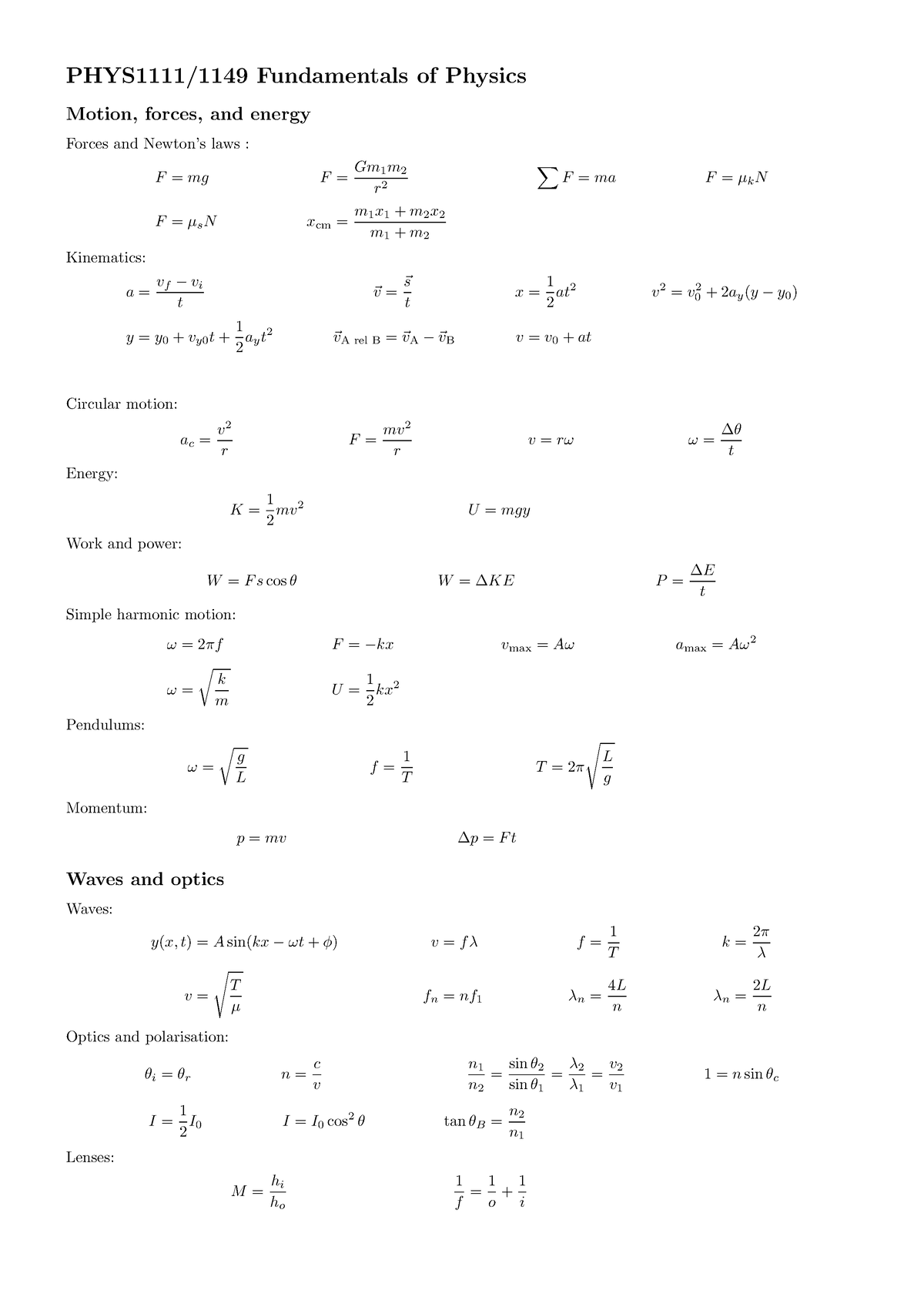 Phys1111 Equation And Data Sheet - Phys1111 1149 Fundamentals Of 