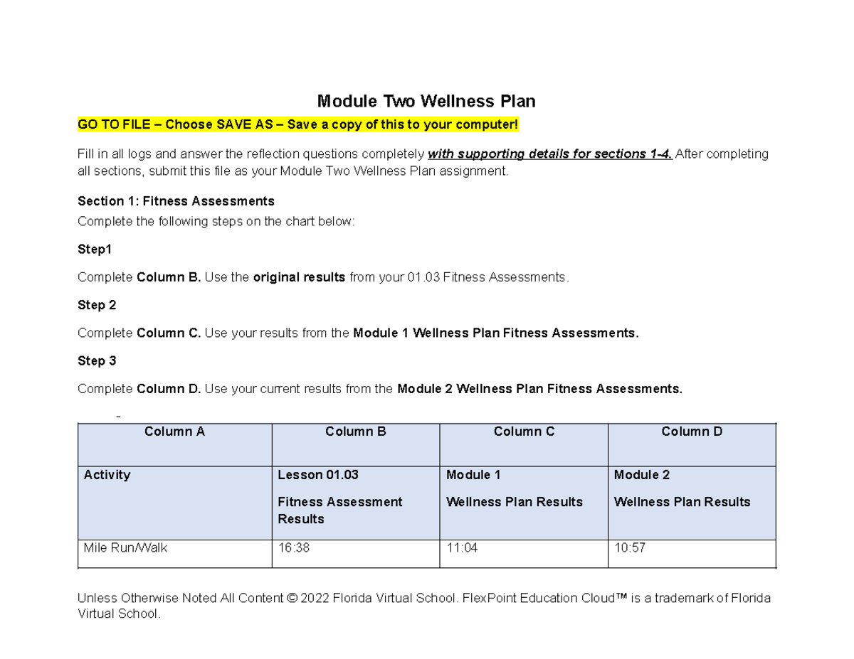 Module two wellness plan - Module Two Wellness Plan GO TO FILE – Choose ...