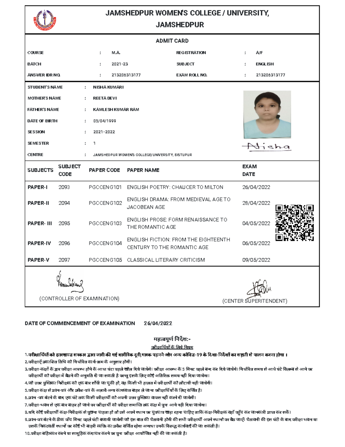 Admit Card Sem 1 - Good - 1. 2. 3. 4. 5. 6. 7. 8. 9. 10. JAMSHEDPUR ...