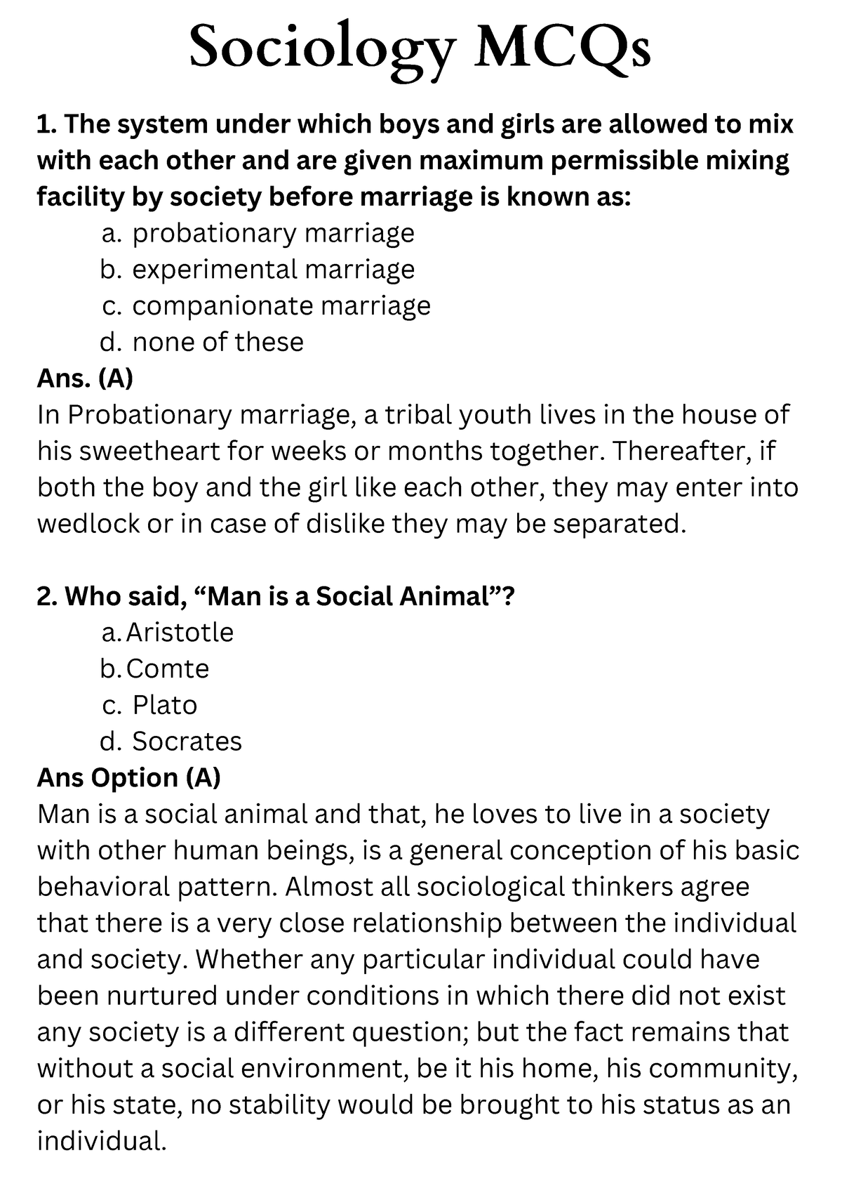 Sociology MCQ 1 - Sociology MCQs probationary marriage experimental  marriage companionate marriage - Studocu