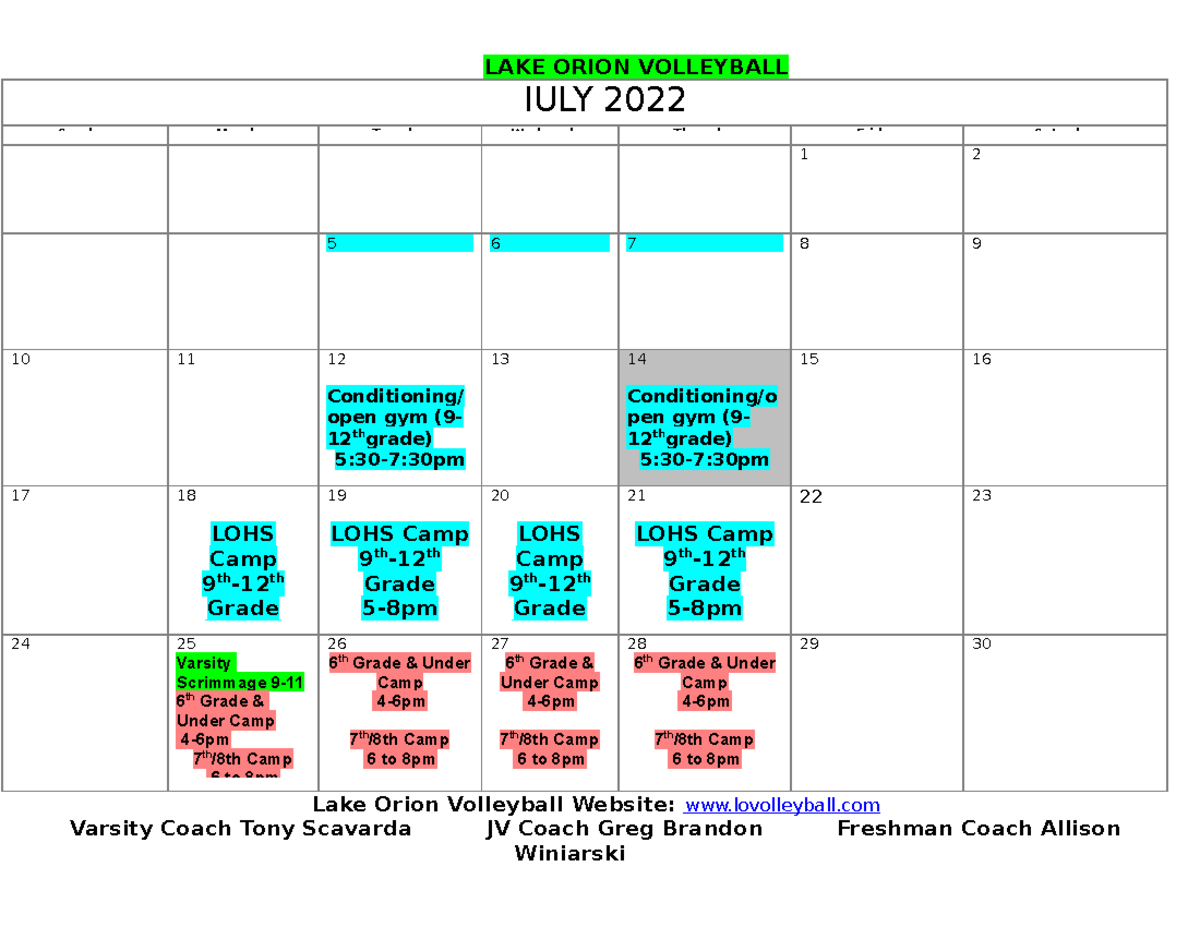 2022 LOVB Calendar 10 no description LAKE ORION VOLLEYBALL JULY