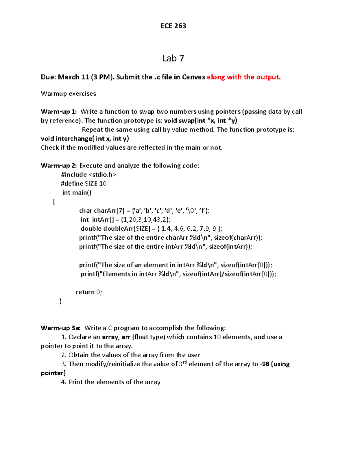 ECE 263 Lab 7: Pointers Arrays and Functions - Studocu