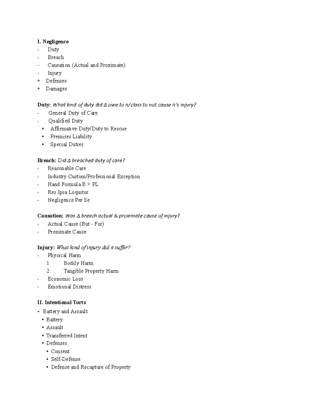 Torts Law Prof Faulkner 2 I Negligence Duty Breach Causation