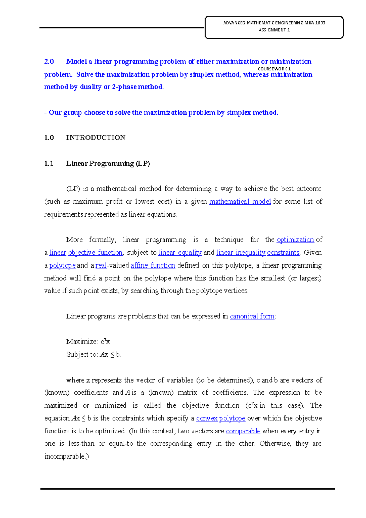 simplex method assignment problem