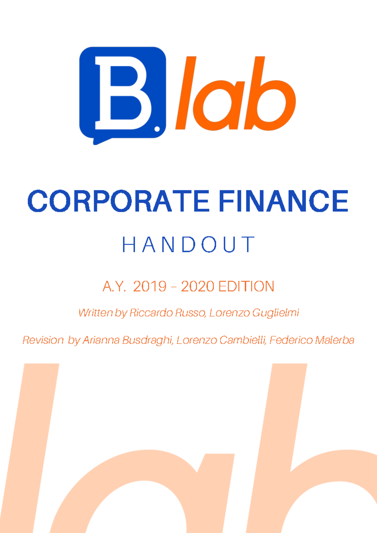 Corp Fin handout - notes - H A N D O U T CORPORATE FINANCE A. 2019 ...