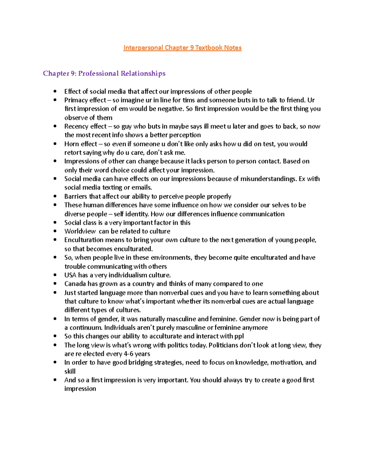 Interpersonal Chapter 9 Textbook Notes - Ur first impression of em ...