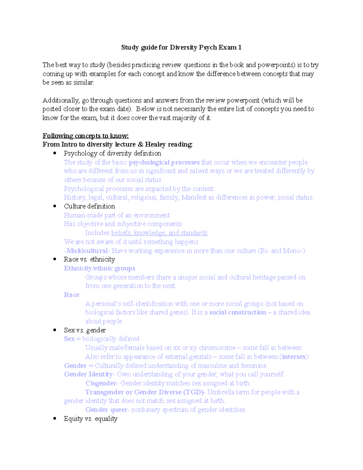 Study Guide For Exam 1- Research Methods - Study Guide For Diversity ...