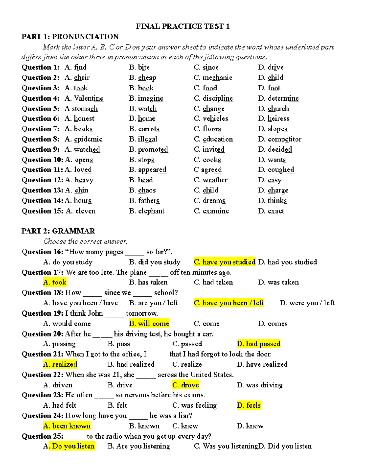 Final Practice TEST 1s - FINAL PRACTICE TEST 1 PART 1: PRONUNCIATION ...