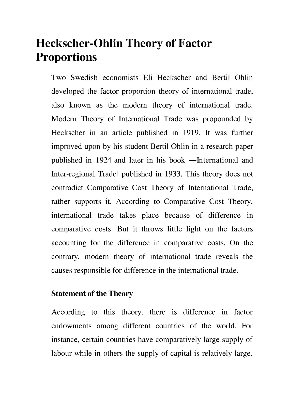 Heckscher-Ohlin Theory Of Factor Proportions - Heckscher-Ohlin Theory ...