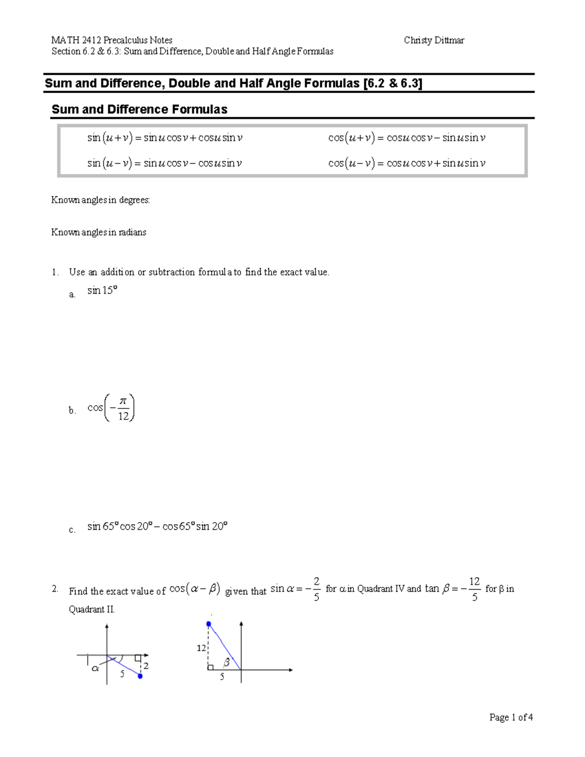 Notes 6-2 6-3 Sum Difference Double Half Angle Formulas - Section 6 & 6 ...