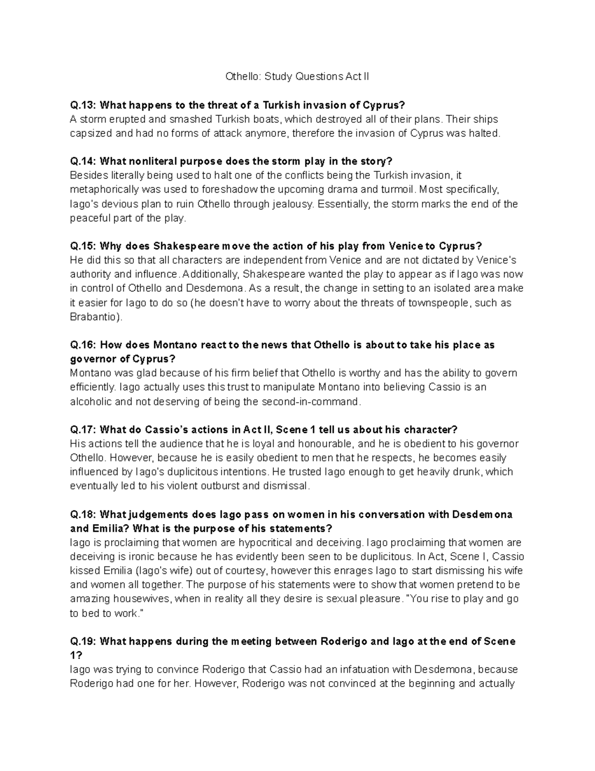 Othello Study Questions Studying Act II Othello Study Questions Act