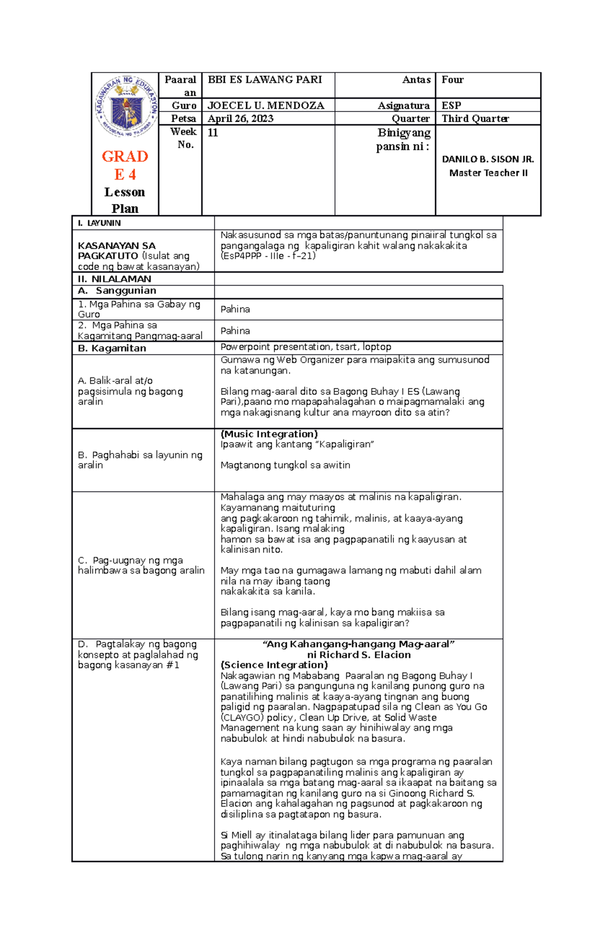 Lesson PLAN IN ESP S.Y final - GRAD E 4 Lesson Plan Paaral an BBI ES ...