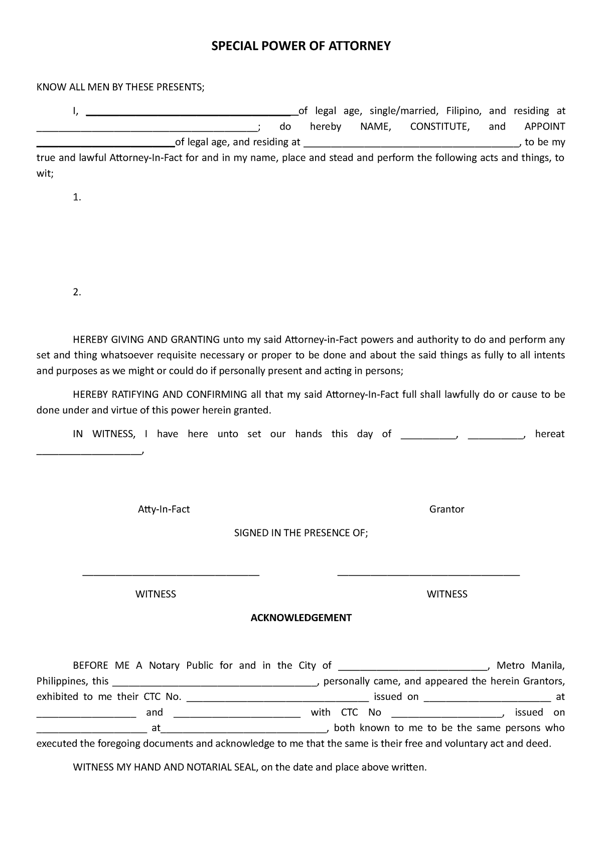 Special Power OF Attorney - SPECIAL POWER OF ATTORNEY KNOW ALL MEN BY ...