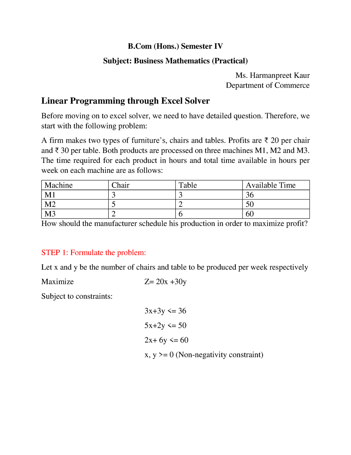 Business Mathematics Practical March 2020 - B (Hons.) Semester IV ...