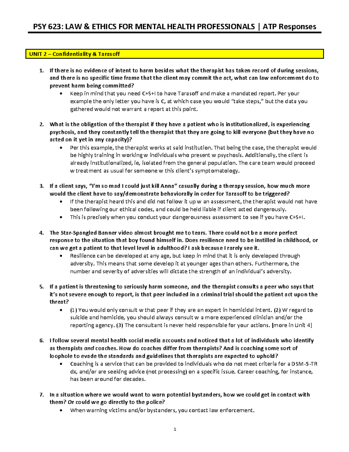 ATP Responses – Unit 2 - PSY 623: LAW & ETHICS FOR MENTAL HEALTH ...