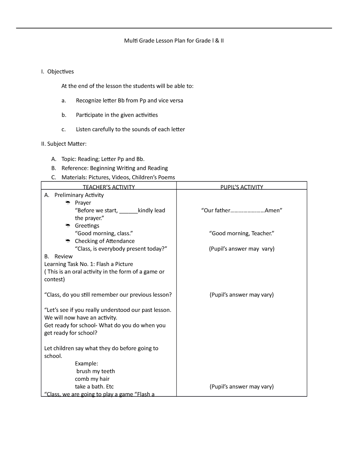 Multi Grade Lesson Plan for Grade l II - Objectives At the end of the ...