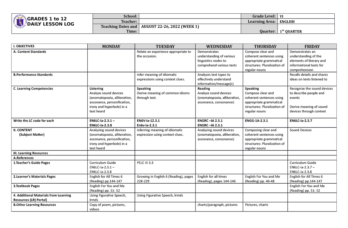 DLL English 6 Q1 W1 - Week 6 Daily Lesson Log For Grade 6 - GRADES 1 To ...