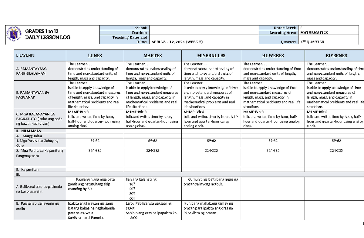 DLL Mathematics 1 Q4 W2 - DLL - GRADES 1 to 12 DAILY LESSON LOG School ...