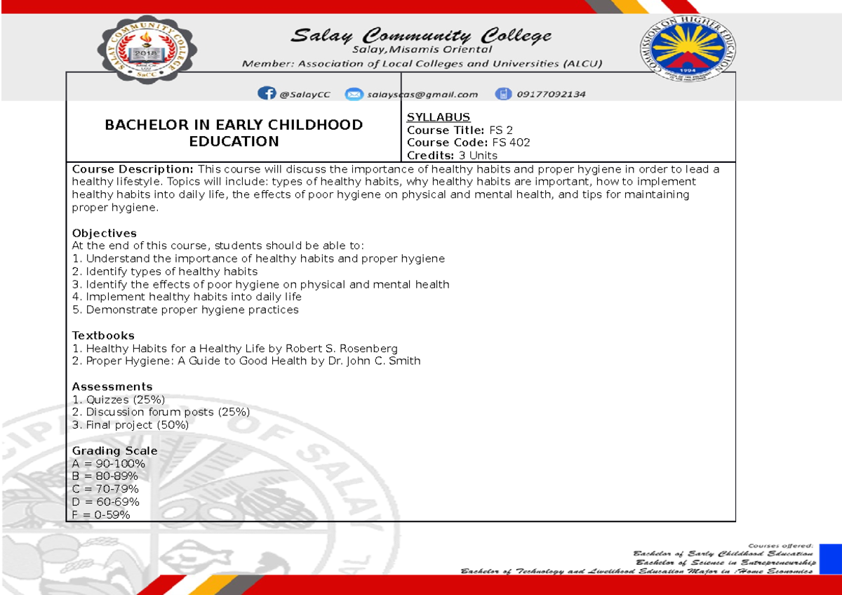 Syllabus BACHELOR IN EARLY CHILDHOOD EDUCATION SYLLABUS Course Title 