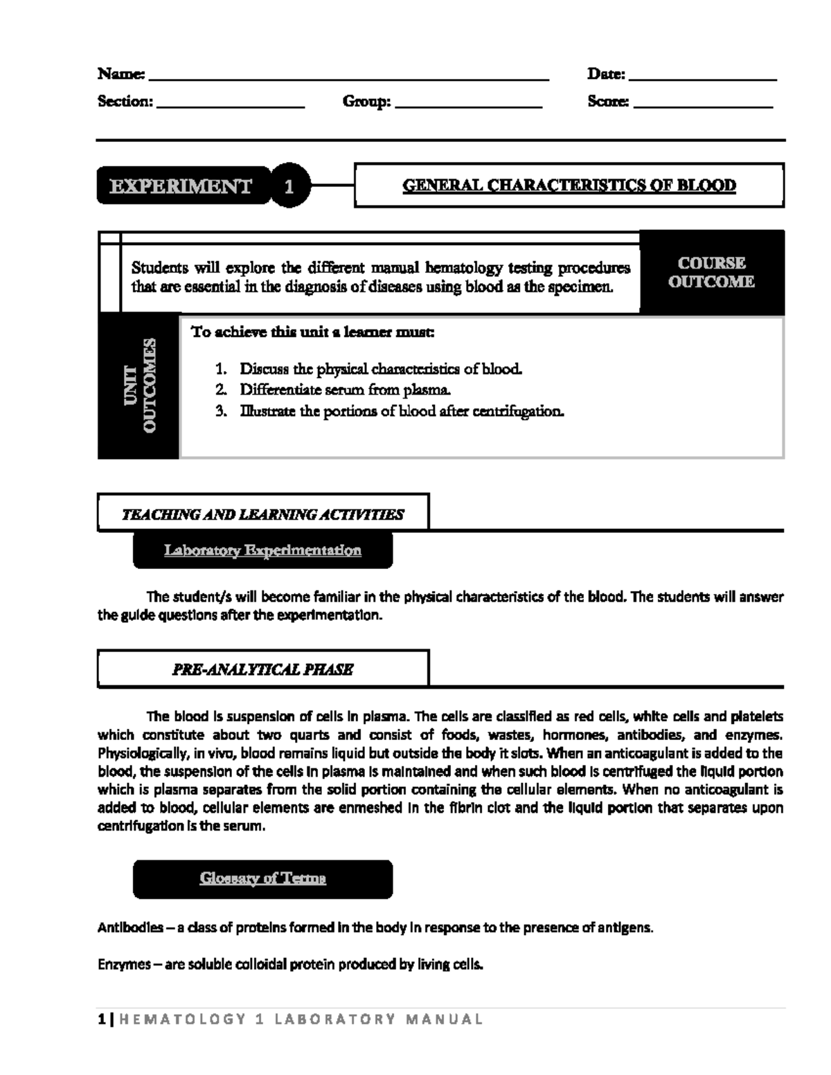 HEMA LAB Manual WEEK 1 hematology blood banking Hematology 1 Studocu