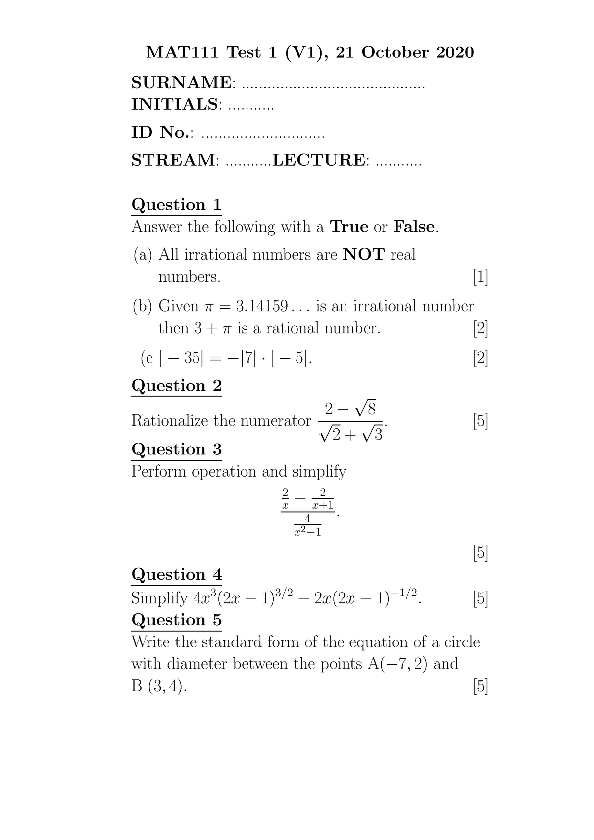 MAT-111-test-1-V1-Oct 2020 - MAT111 Test 1 (V1), 21 October 2020 ...