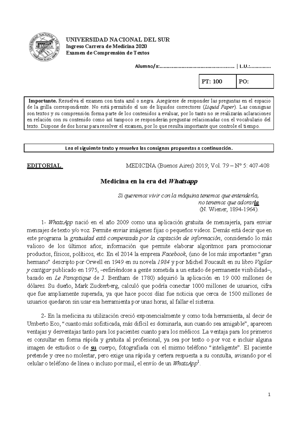 Examen De Medicina Ingreso Imprimir Copia Universidad Nacional