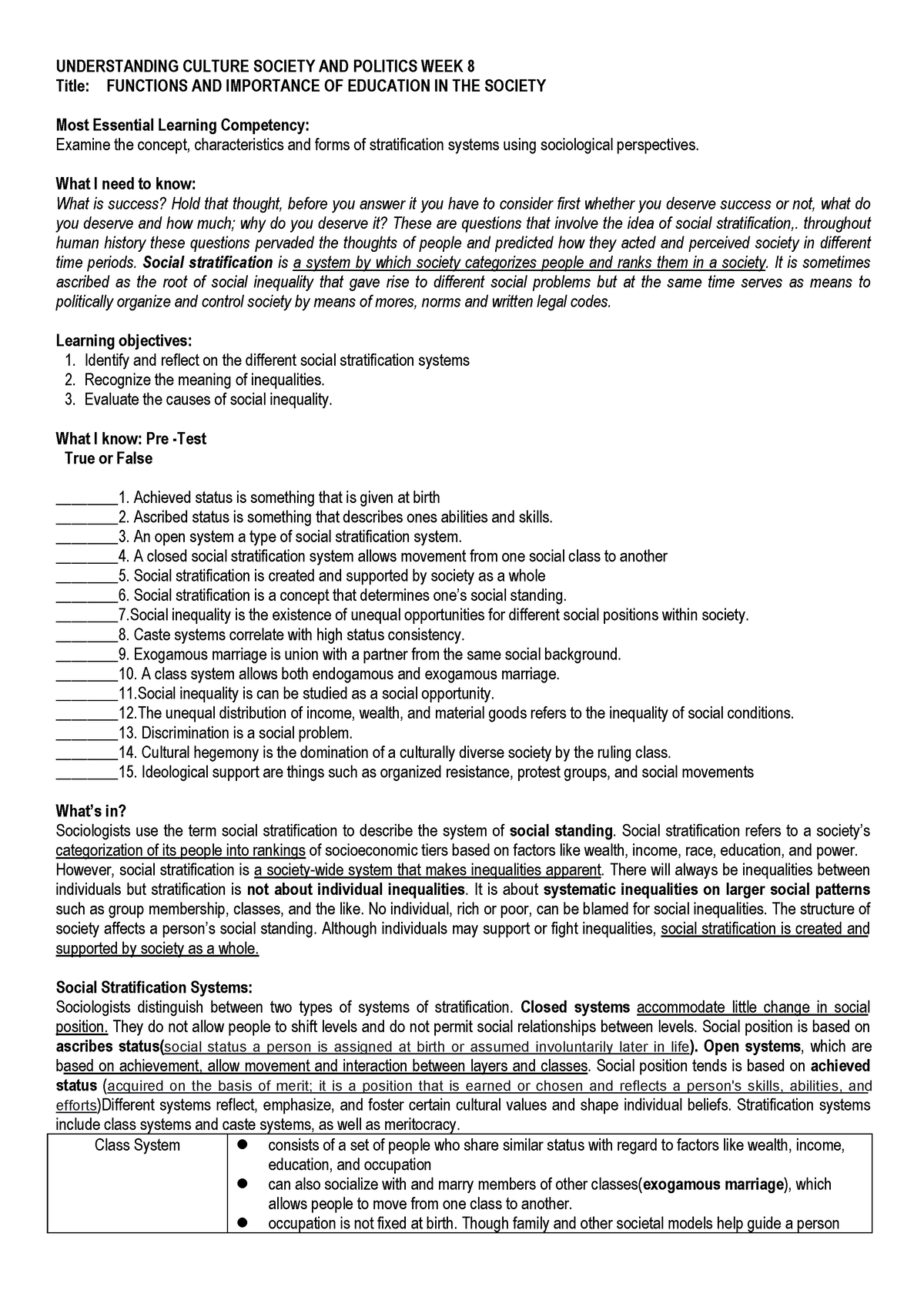 Module 9 Ucsp Social Stratification - Understanding Culture Society And 