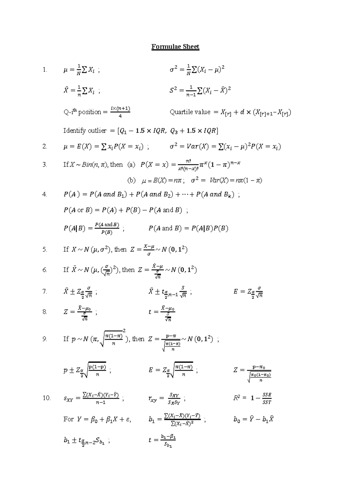 Formulae Sheet - 𝜇 ൌ ଵ ே ∑ 𝑋௜ ; 𝜎 ଶ ൌ ଵ ே ∑ሺ𝑋௜ െ 𝜇ሻଶ 𝑋ሜ ൌ ଵ ௡ ∑ 𝑋௜ ; 𝑆 ...