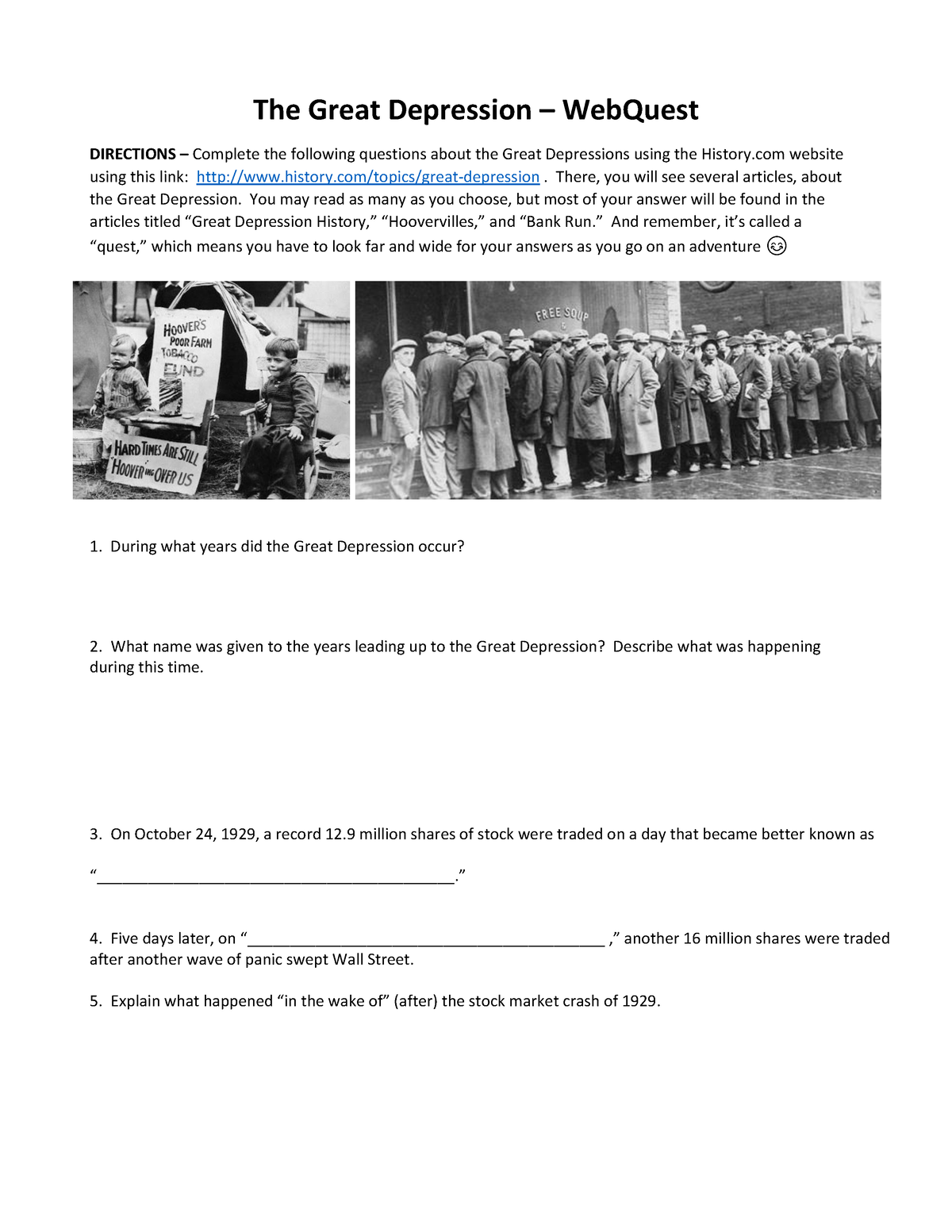 Great Depression Webquest - The Great Depression – WebQuest DIRECTIONS ...